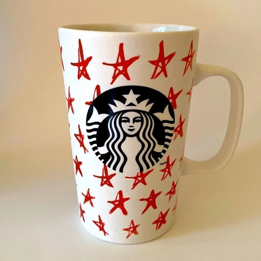 Starbucks White Red Stars 2014 Coffee Cup Mug Mermaid Logo 16oz